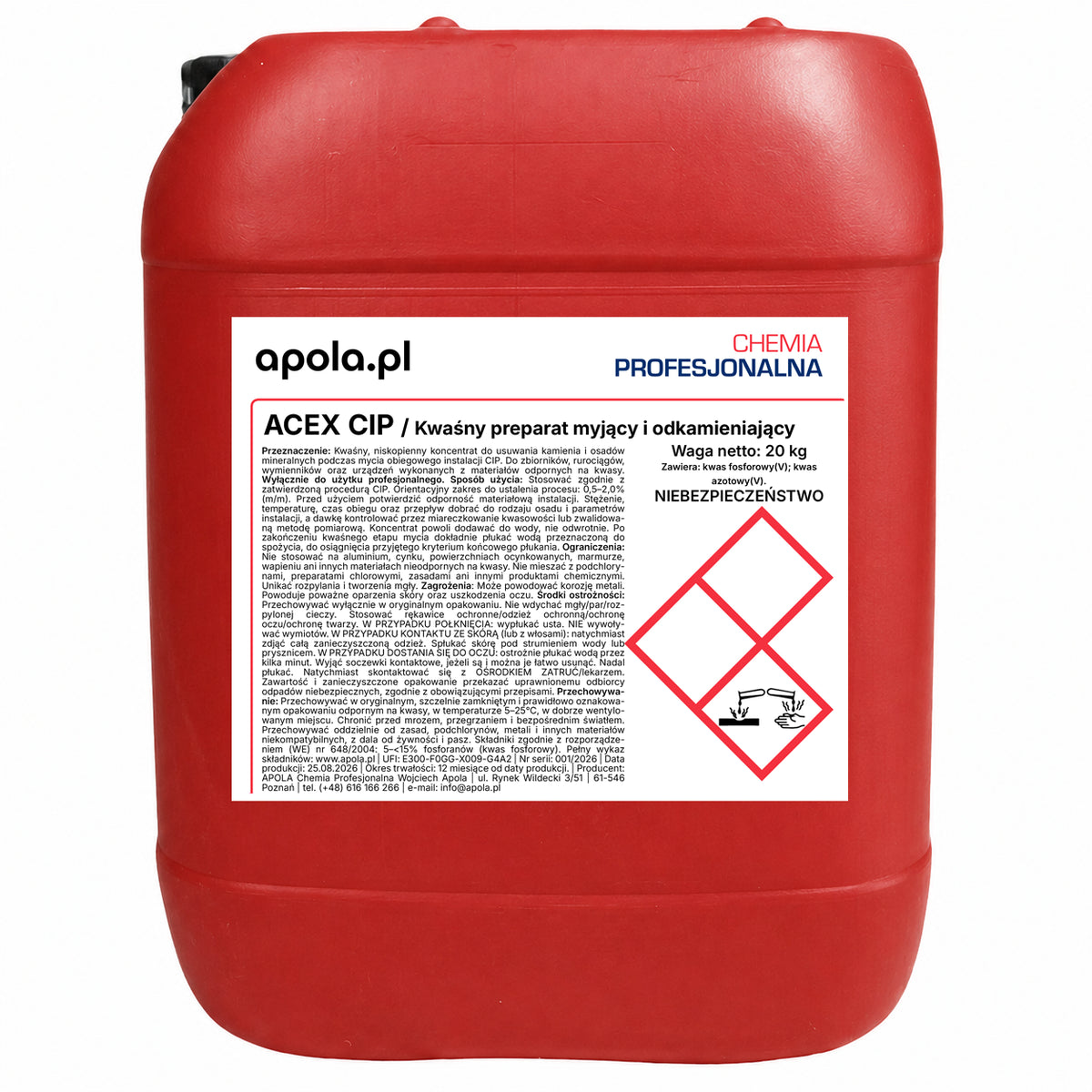 ACEX CIP 20 kg – kwaśny preparat myjący i odkamieniający, kanister – widok z przodu