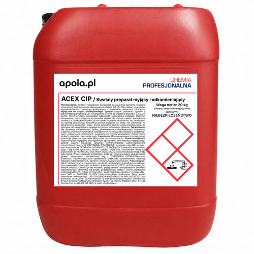 ACEX CIP 20 kg – kwaśny preparat myjący i odkamieniający, kanister – widok z przodu