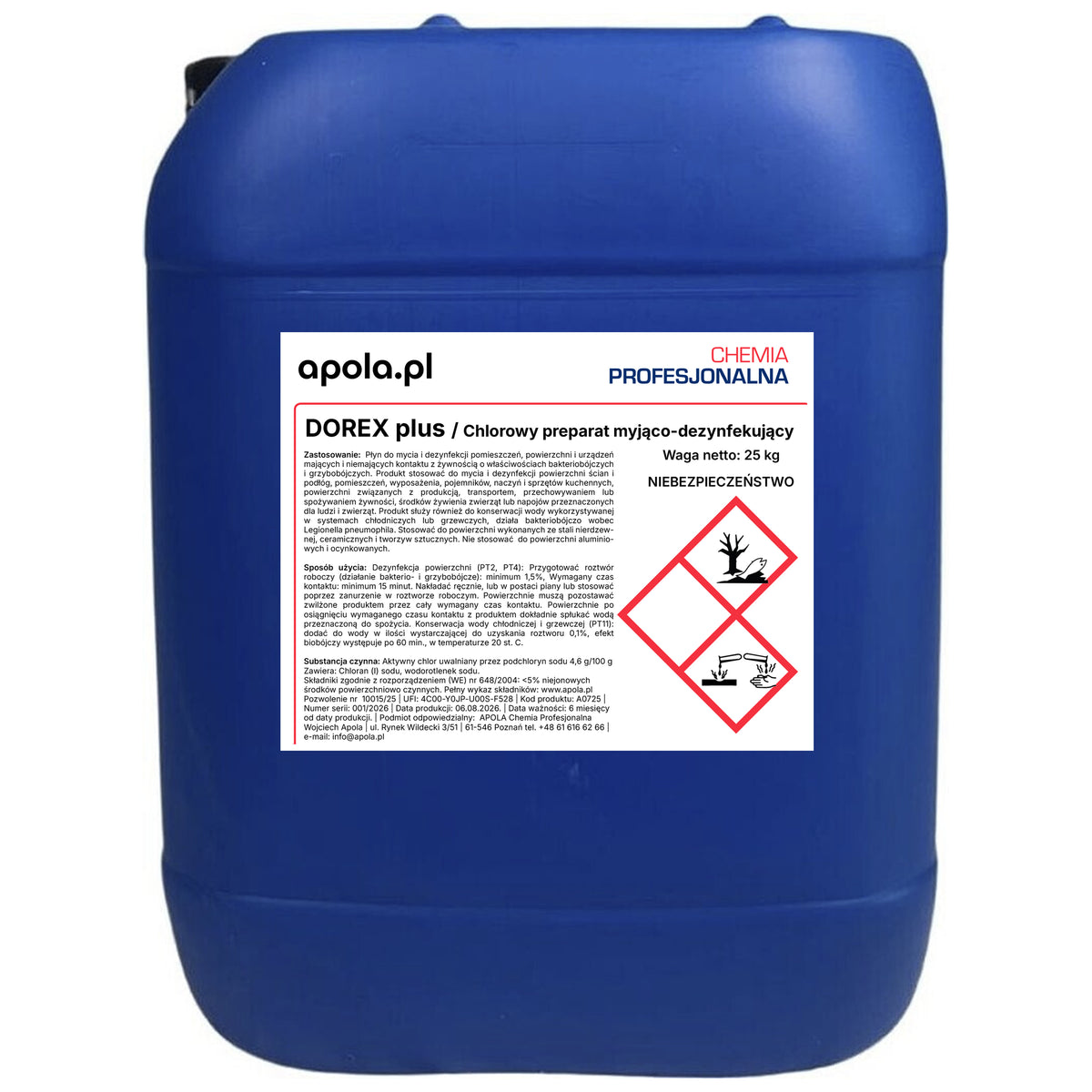 DOREX plus 25 kg – chlorowy preparat myjąco-dezynfekujący, kanister – widok z przodu