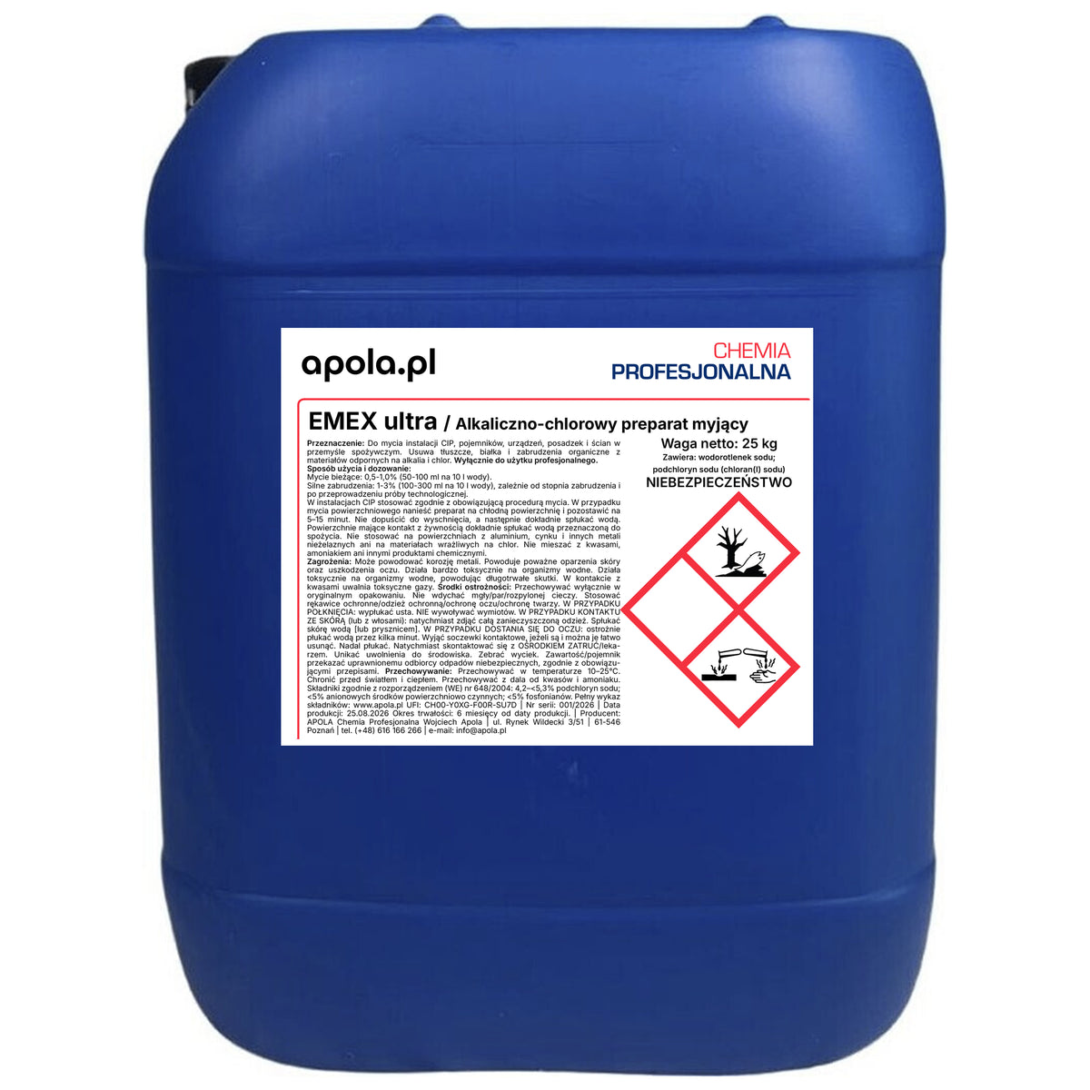 EMEX ultra 25 kg – alkaliczno-chlorowy preparat myjący, kanister – widok z przodu
