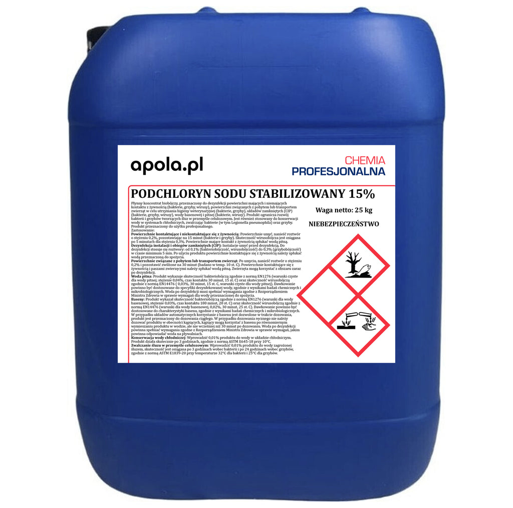 Podchloryn sodu stabilizowany 300 kg (12 × kanister 25 kg) – widok z tyłu