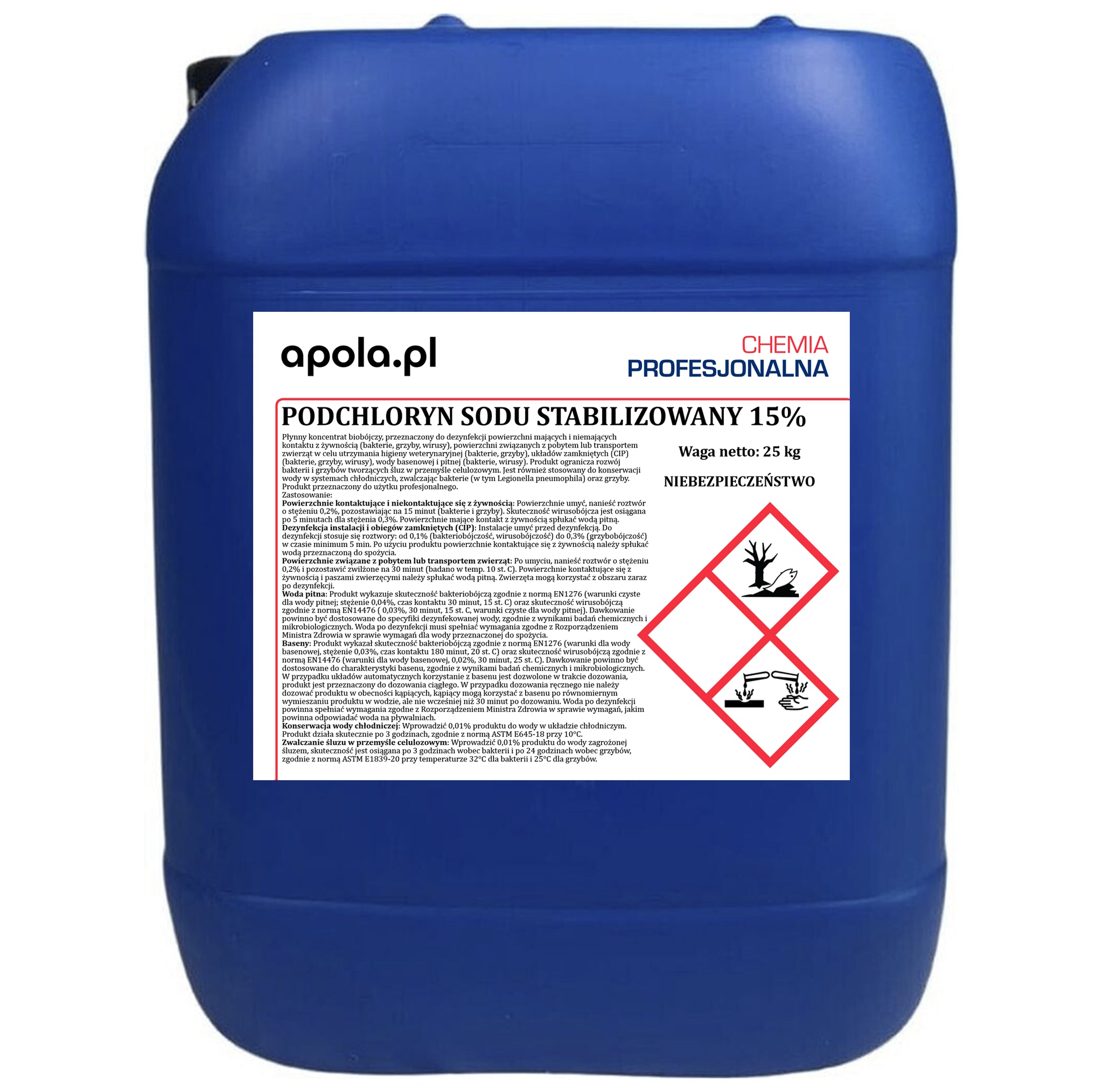 Podchloryn sodu stabilizowany 300 kg (12 × kanister 25 kg) – widok z tyłu