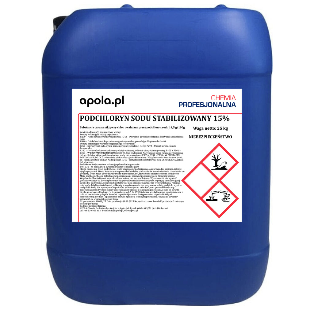 Podchloryn sodu stabilizowany 600 kg (24 × kanister 25 kg) – widok z przodu