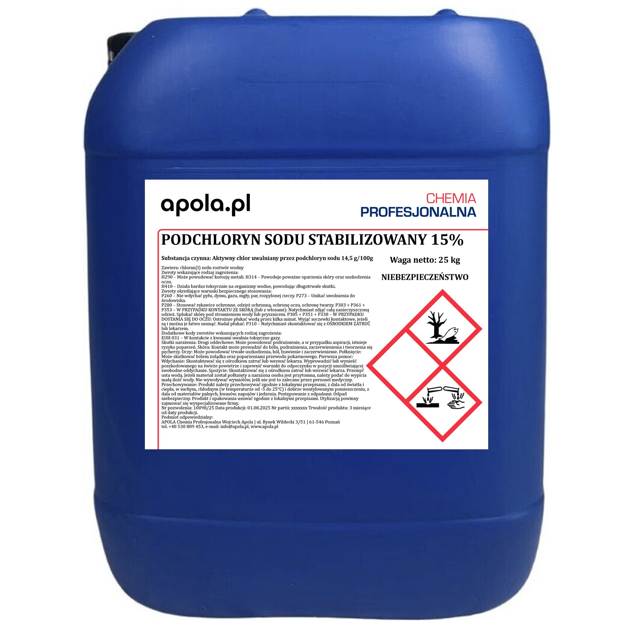 Podchloryn sodu stabilizowany 600 kg (24 × kanister 25 kg) – widok z przodu